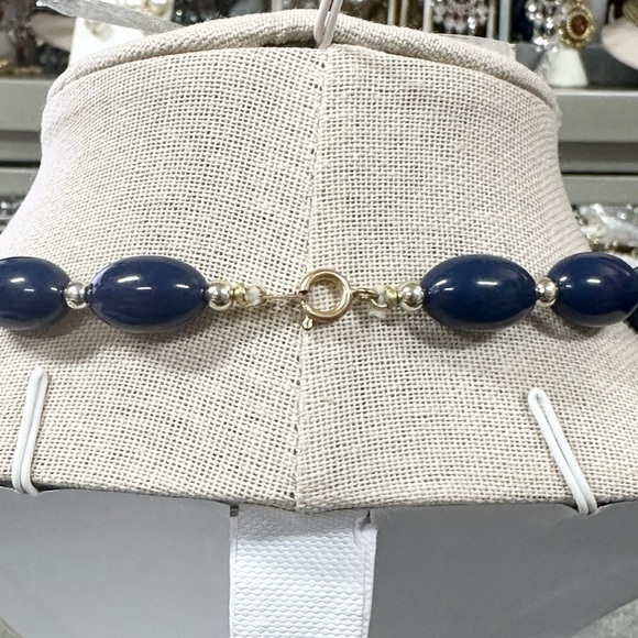 Vintage Navy Blue Enamel And Beaded Gold Tone Statement Necklace - Picture 2 of 4